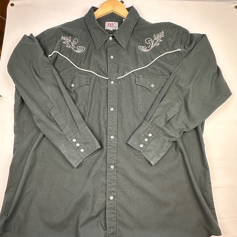 Vtg Ely Diamond Mens XXL Black Western Pearl Snap Embroidered Floral Shirt 3925